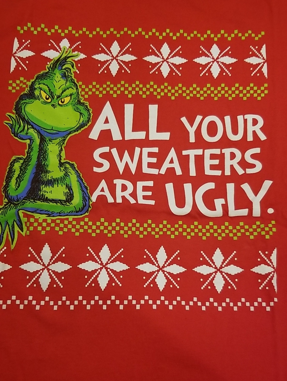Women's Red Grinch  Short Sleeve Tee All Your Sweaters are Ugly Size Large